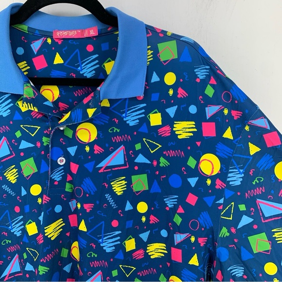 Roadies Mens XL Golf Polo Shirt Multicolor Geometric Short Sleeve 90’s Retro - Picture 3 of 10